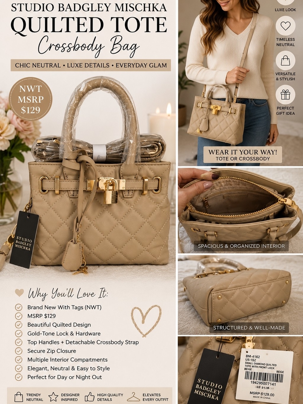 NWT Studio Badgley Mischka Beige Quilted Tote Crossbody Bag Gold Lock